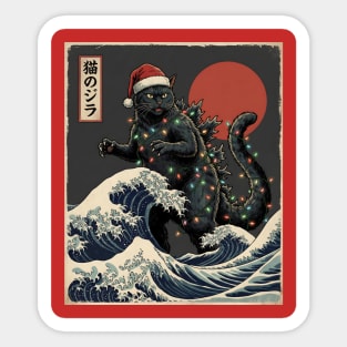 Catzilla Cat Japanese With Santa Hat and Christmas Lights Sticker